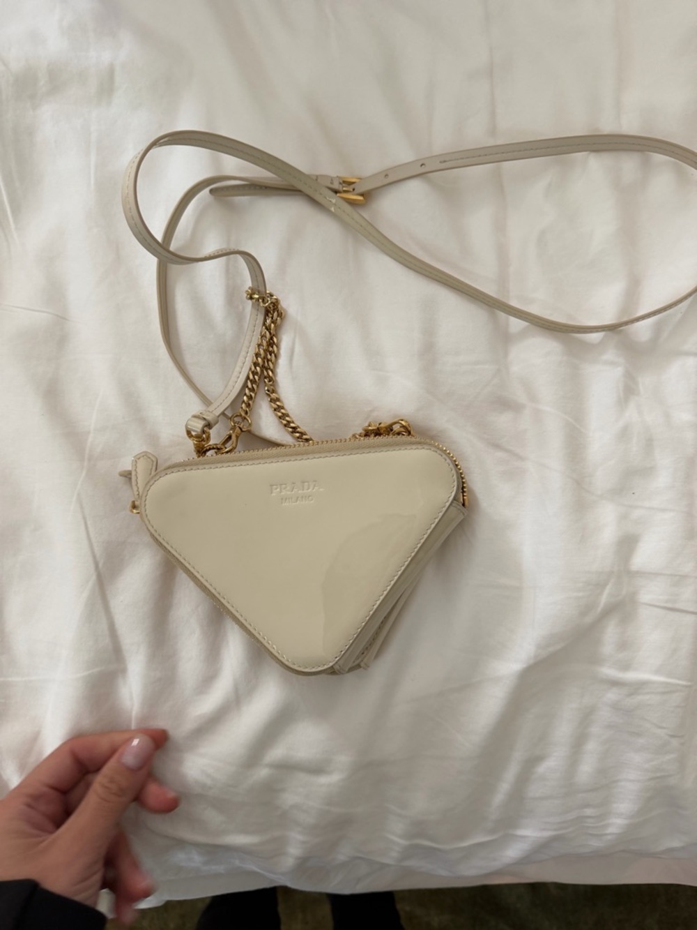 Prada Cream Leather Triangle Crossbody with Gold Chain Trim - Picture 3 of 8
